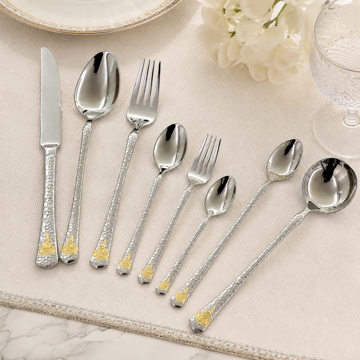 8-Piece Stainless Steel Cutlery Set with Gold Accent Hammered Handle Premium Flatware