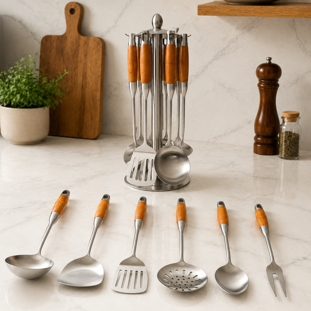 Stainless Steel Cooking Utensil Collection with Wooden Handle