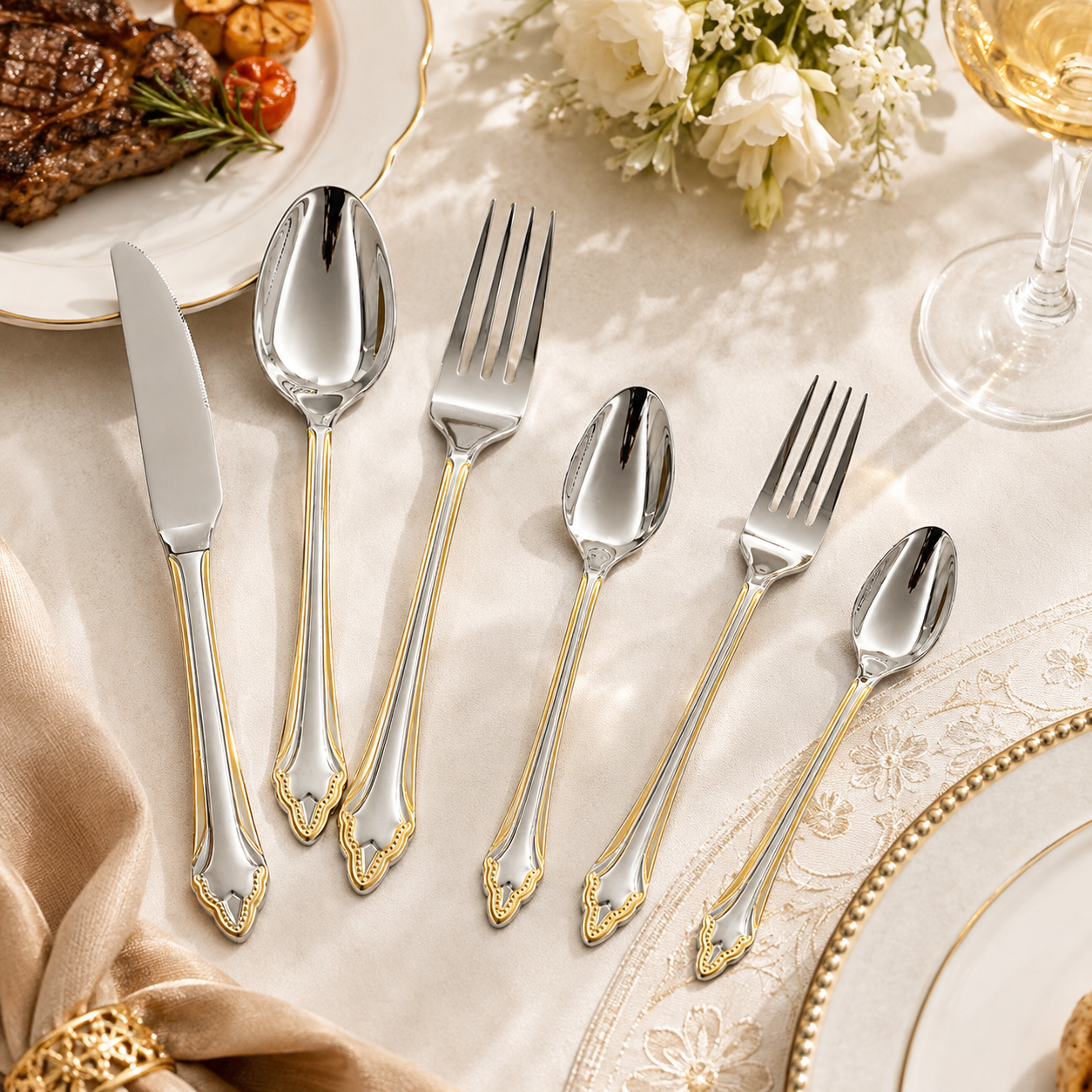6-Piece Stainless Steel Cutlery Set with Gold Trim Accent