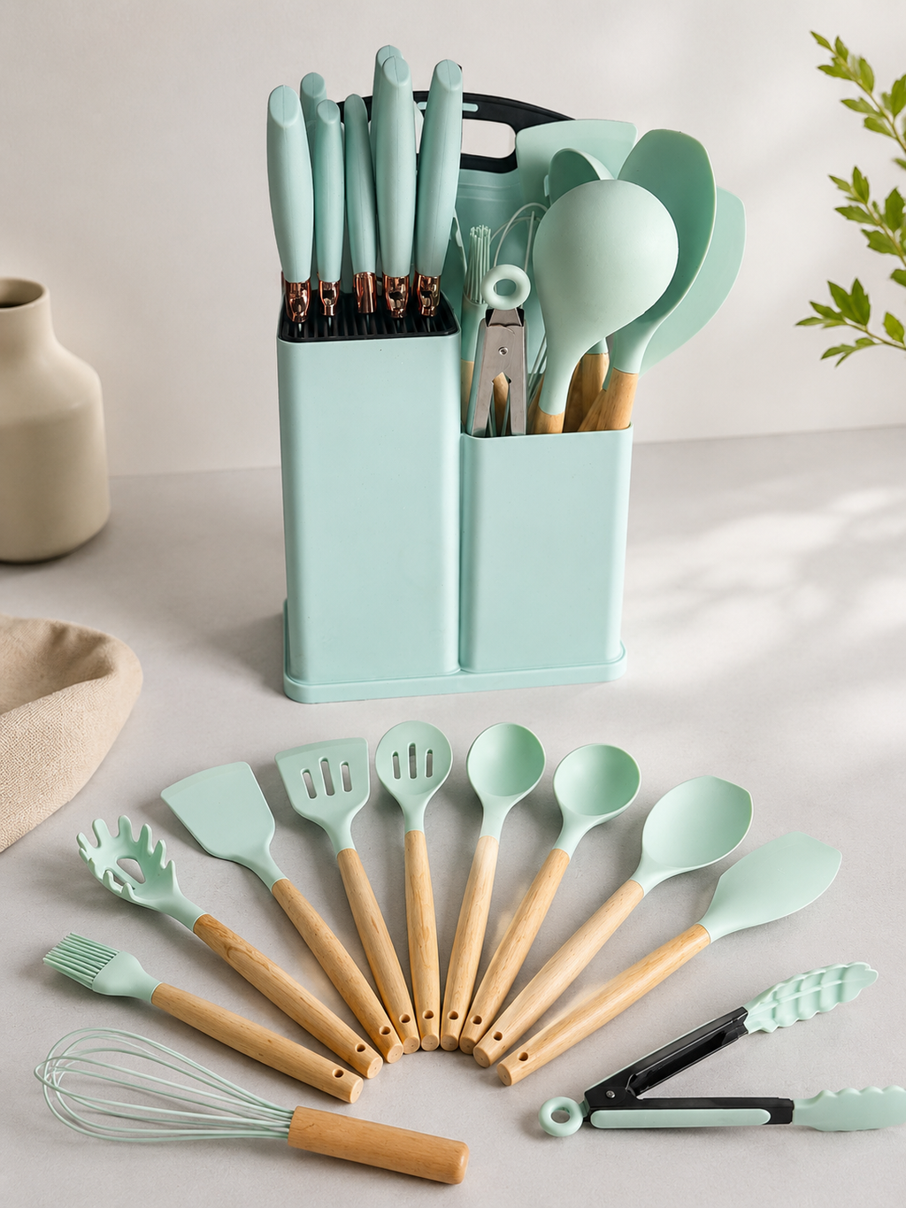 Silicone Kitchen Tool Collection with Wood Handles and Knife Set for Retail Supply