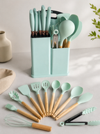 Silicone Kitchen Tool Collection with Wood Handles and Knife Set for Retail Supply