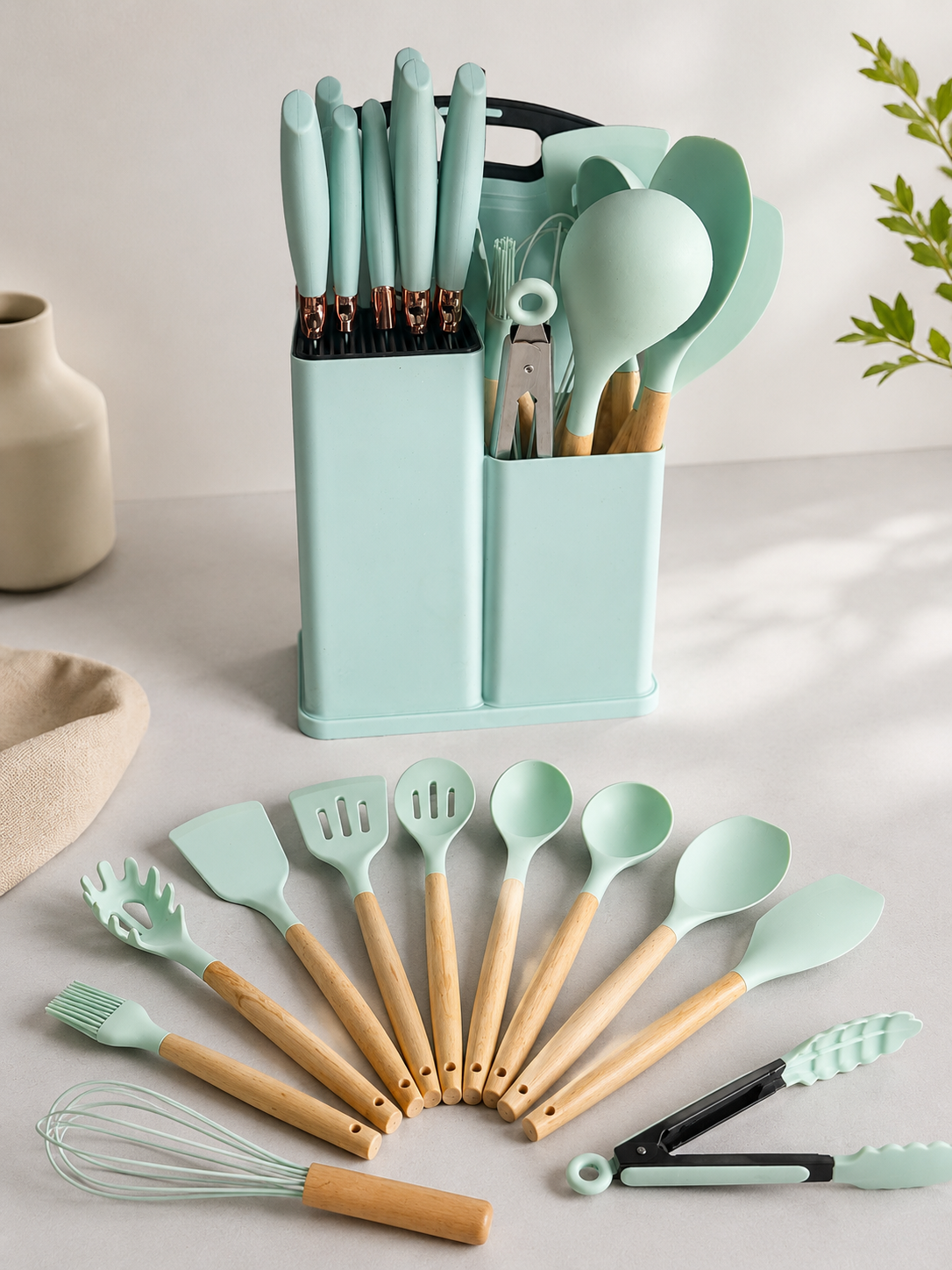 Silicone Kitchen Tool Collection with Wood Handles and Knife Set for Retail Supply