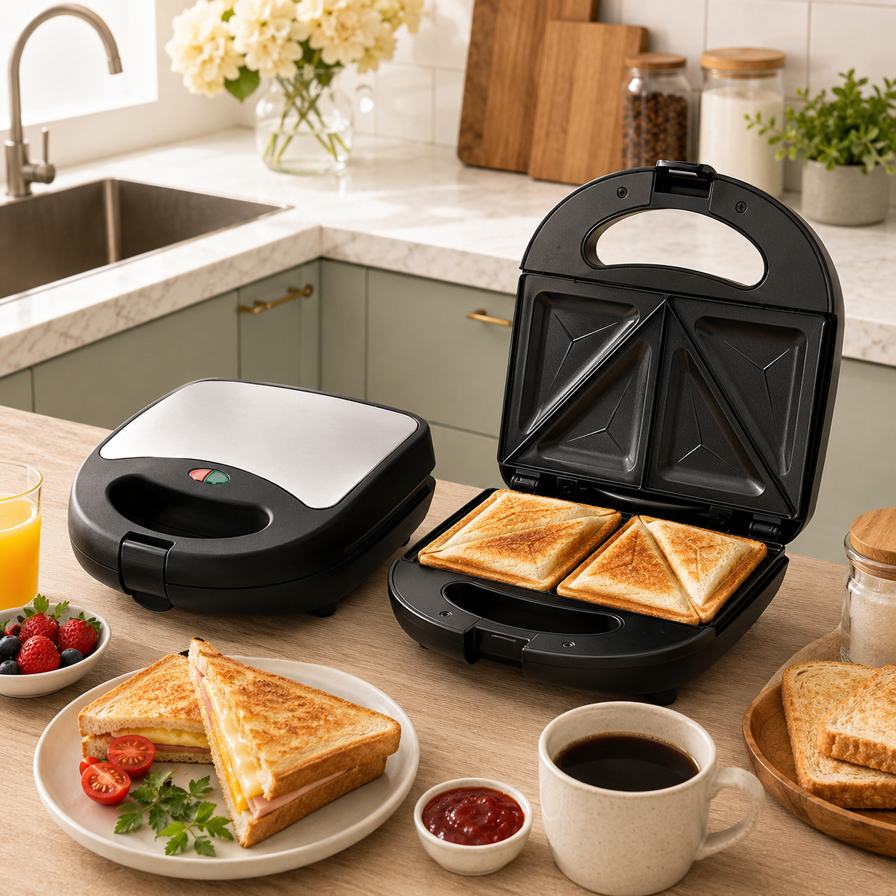 Sandwichera 3 en 1 para el desayuno con placas para asar y hacer gofres