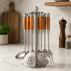 Stainless Steel Cooking Utensil Collection with Wooden Handle