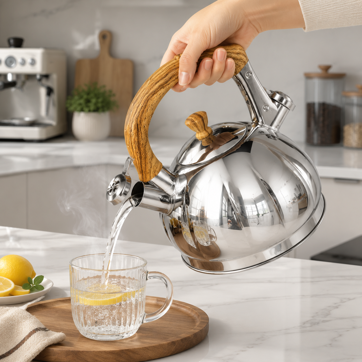 Wood Grain Handle Stainless Steel Whistling Kettle For Retail & Wholesale