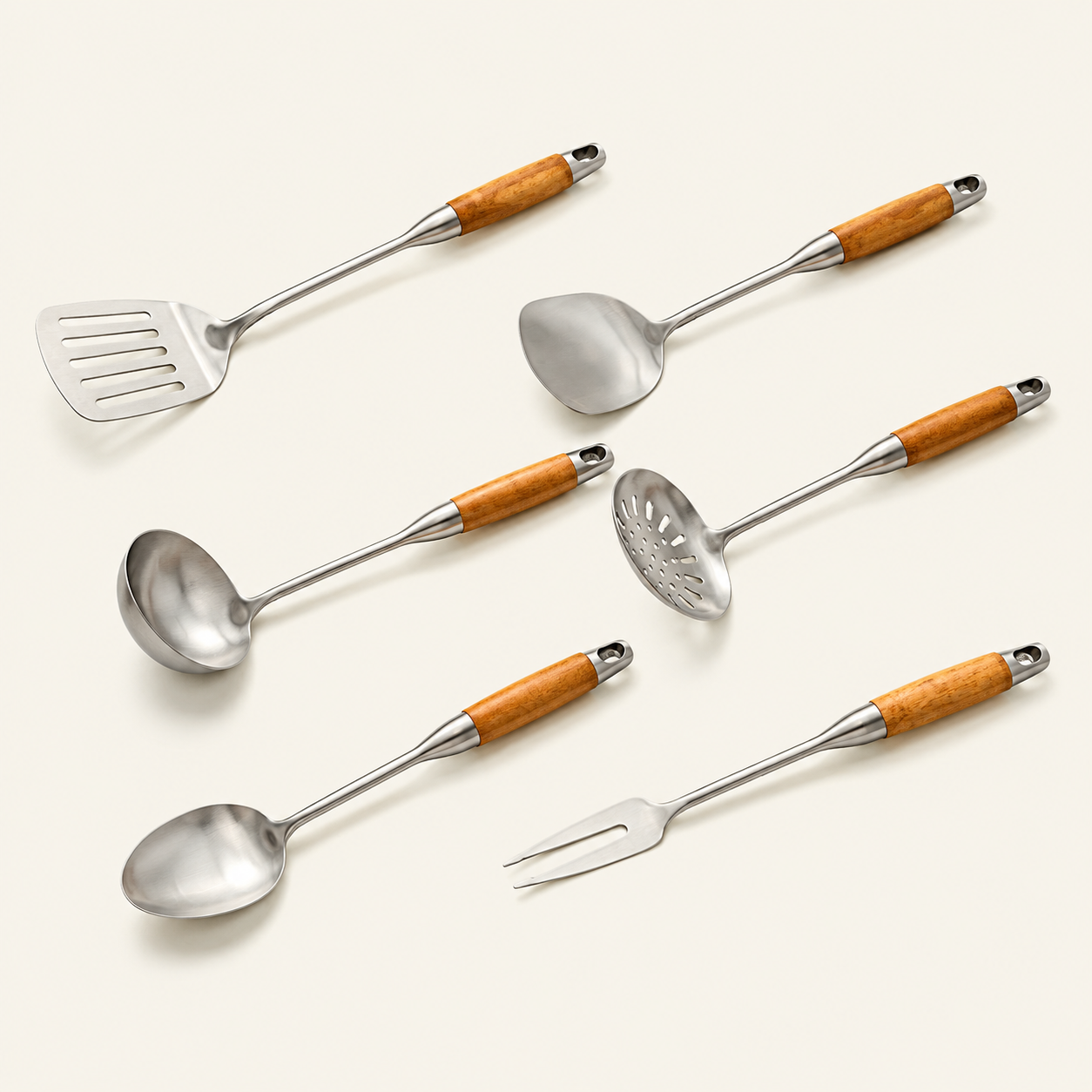 Stainless Steel Cooking Utensil Collection with Wooden Handle