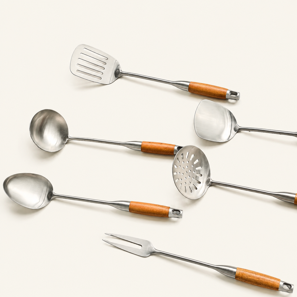 Stainless Steel Cooking Utensil Collection with Wooden Handle